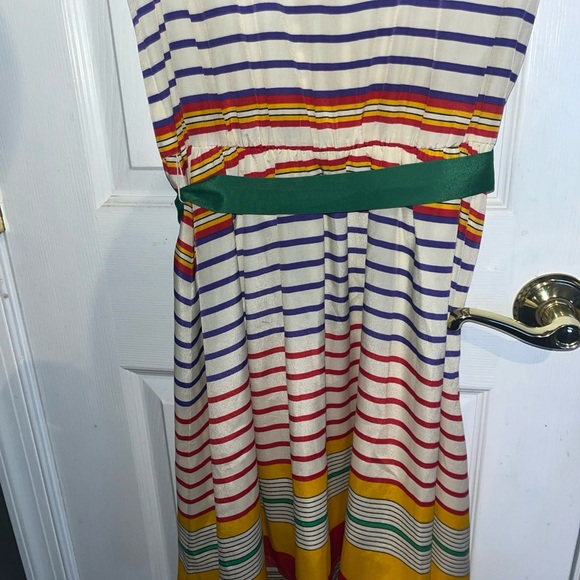Pim + Larkin Round Neck Striped Midi Silky Dress w Kelly Green Sash - Picture 4 of 7
